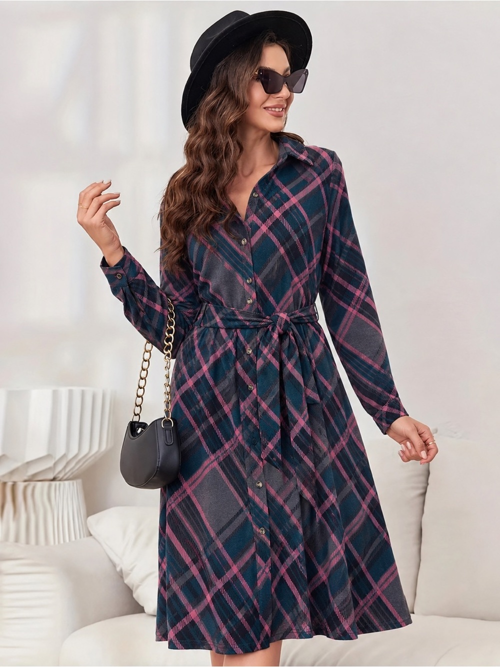 Robert Louis NWT Soft Cozy Plaid Shirt Dress Waist Tie Fall Button Down Dress
